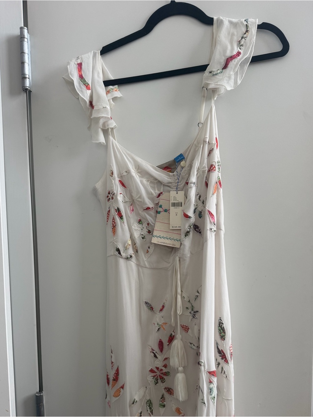 FARM Rio Cream Maxi Dress with Pink & Green Floral Appliqué with ruffle sleeves - Picture 5 of 10
